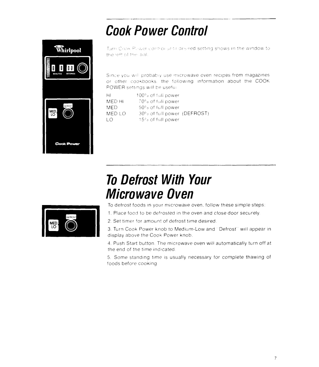 Whirlpool RJM 7500 manual CookPower Control, ToDefrostWith Your Microwave Oven 