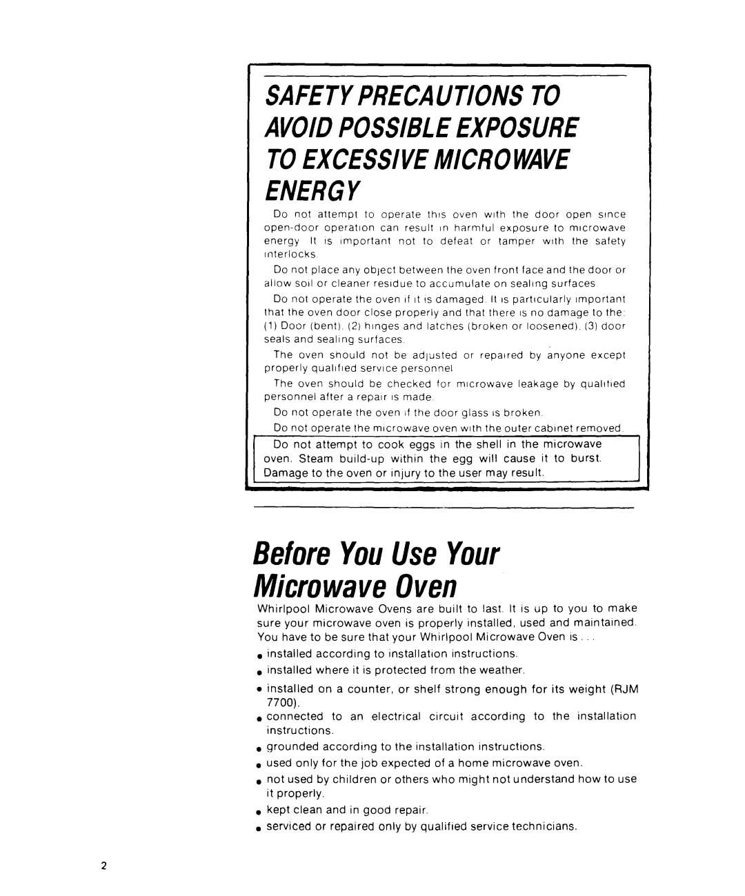 Whirlpool RJM 7700, RJM 1870 manual BeforeYouUse Your Microwave Oven, ~ Toexcessivemicrowave ~ Energy 