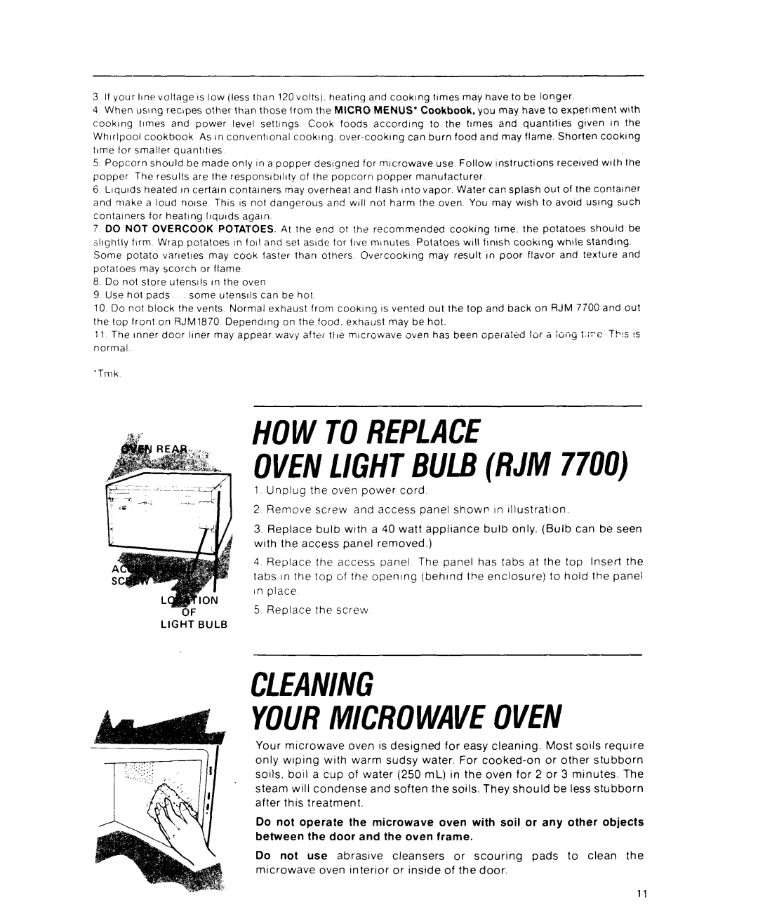 Whirlpool RJM 1870, RJM 7700 manual HOWTOREPLACE OVEN1lGHTBULBRIM, Cleaning Yourmicrowaveoven 