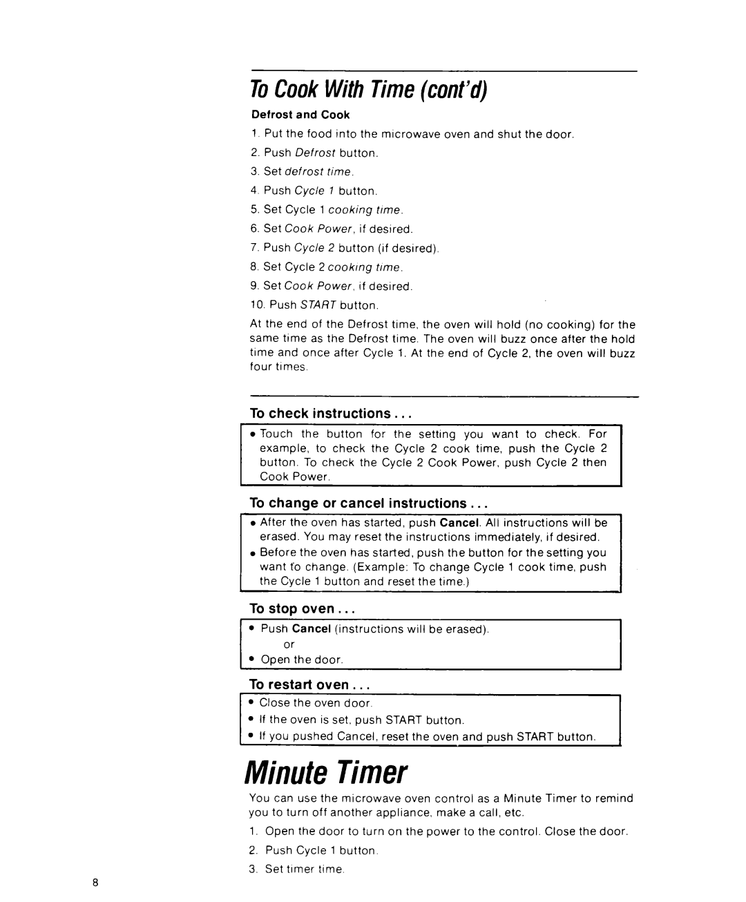 Whirlpool RJM 7700 Minute Timer, To check instructions, To change or cancel instructions, To stop oven, To restart oven 