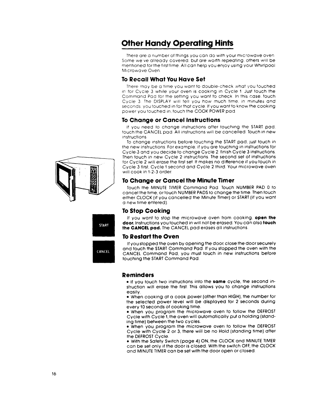 Whirlpool RJM 7800 To Recall What You Have Set, To Change or Cancel Instructions, To Change or Cancel the Minute Timer 