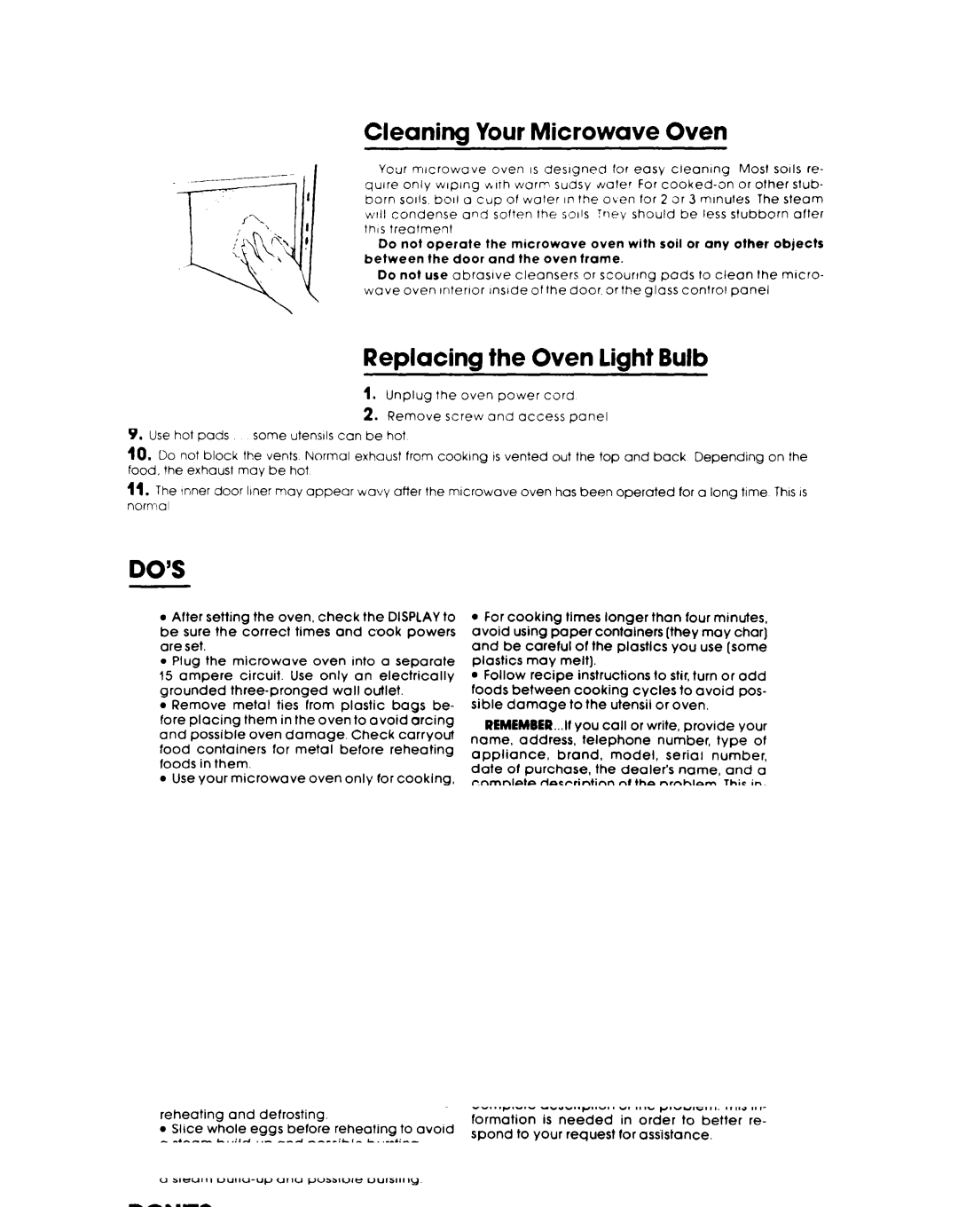 Whirlpool RJM 7800 manual Cleaning Your Microwave Oven, Replacing the Oven light Bulb 