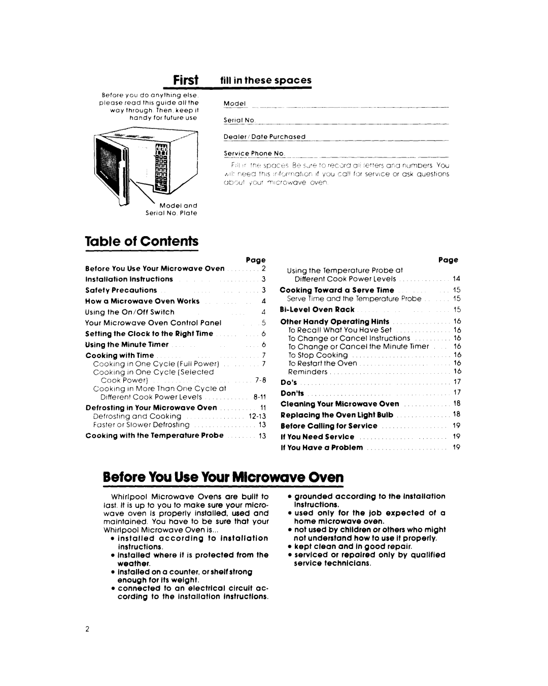 Whirlpool RJM 7800 manual Table of Contents, Before You Use Your Mlcrowave Oven 