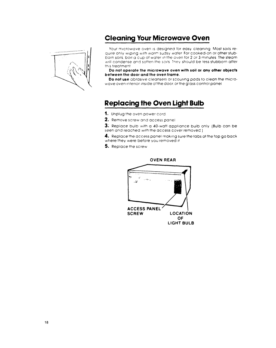 Whirlpool RJM 7800 Cleaning Your Microwave Oven, Replacing the Oven light Bulb, Oven Rear Screwlocation Of Light Bulb 