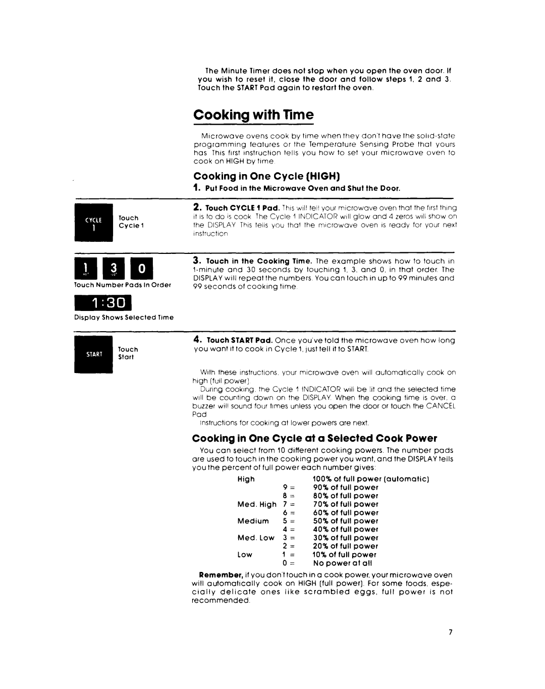 Whirlpool RJM 7800 manual Cooking with Time, Cooking in One Cycle HIGH, Cooking in One Cycle at a Selected Cook Power 