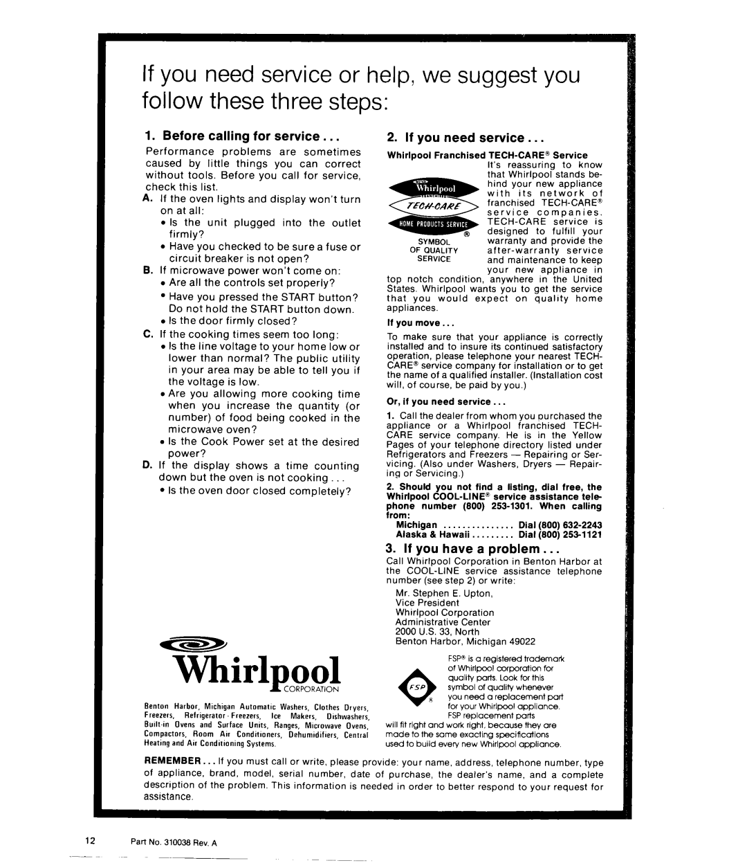 Whirlpool RJM7600 manual TLirlpool, ~--Id, ?/Ire, Before calling for service, If you need service, If you have a problem 