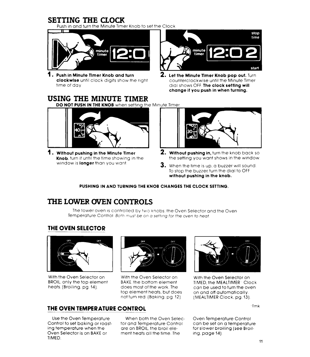 Whirlpool RM235PXL Setting the Clock, Using the Minute Timer, Lower Oven Controls, Oven Selector, Oven Temperature Control 