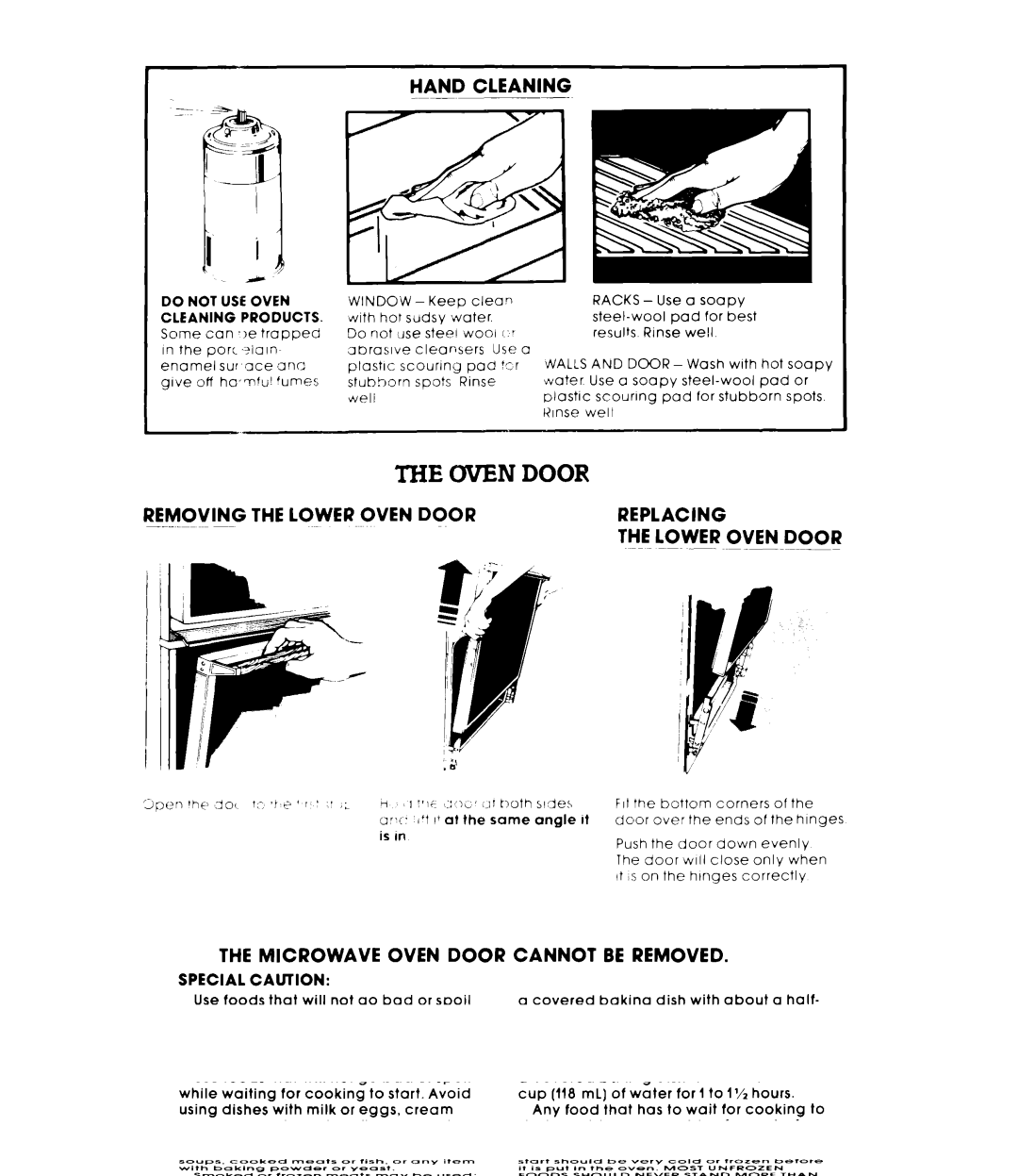 Whirlpool RM235PXL Hand Cleaning, Removing the Lower Oven Door Replacing, Microwave Oven Door Cannot be Removed 