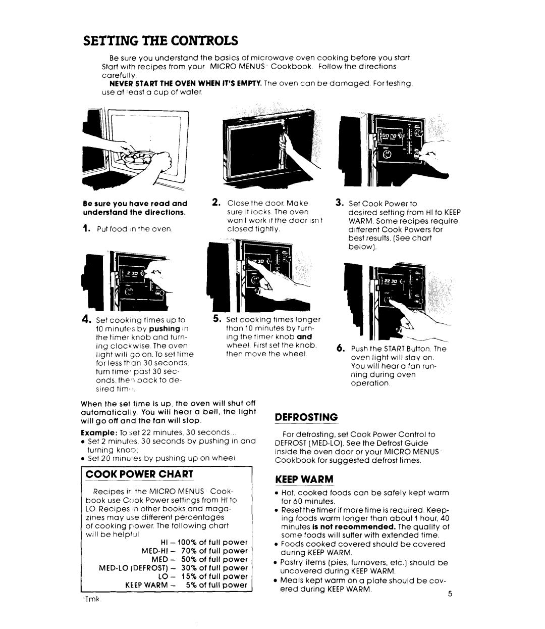 Whirlpool RM235PXL warranty Setting the Controls, Defrosting, Cook Power Chart 