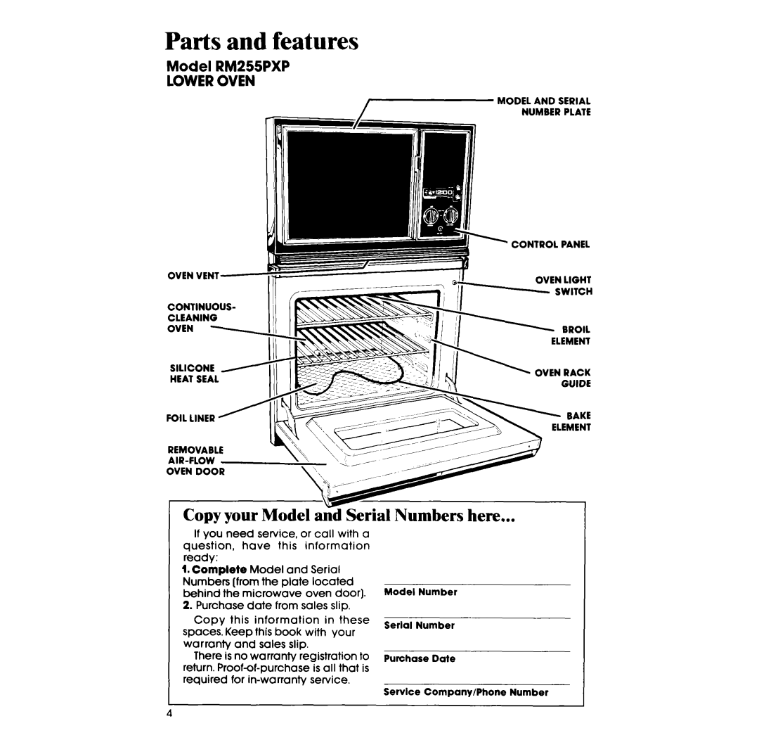 Whirlpool RM255PXP manual Parts and features, Copy your Model and Serial Numbers here 