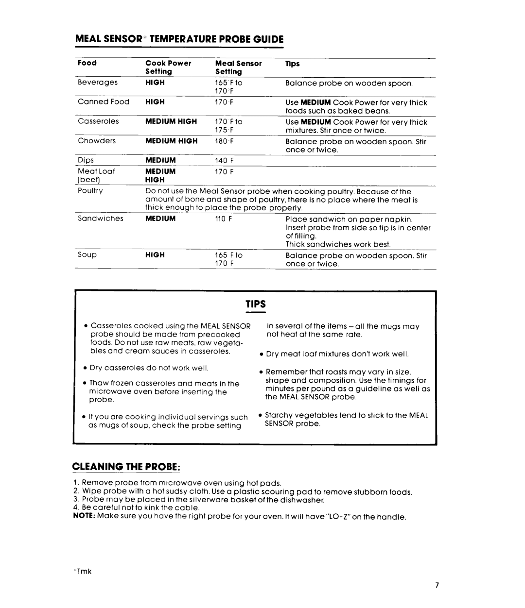 Whirlpool RM275PXL warranty Meal Sensor Temperature Probe Guide, Tips, Cleaning the Probe, High, Medium 