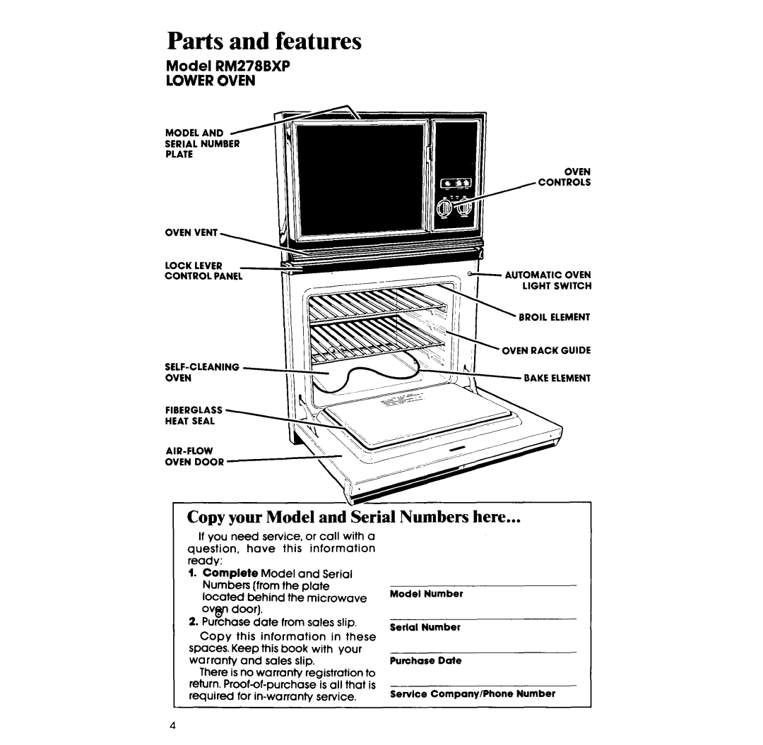 Whirlpool manual Parts and features, Copy your Model and Serial Numbers here, Model RM278BXP 