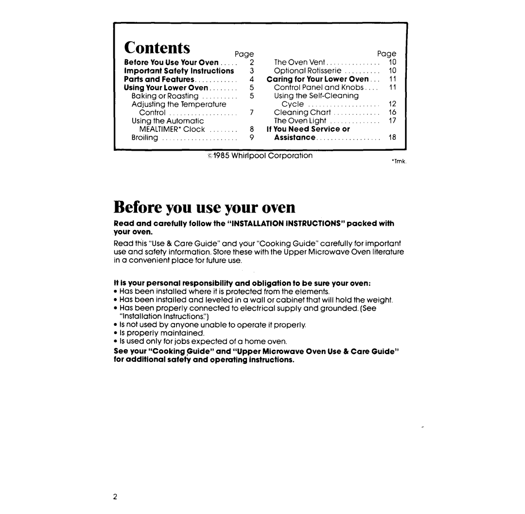 Whirlpool RM278BXP manual Contents, Before you use your oven 