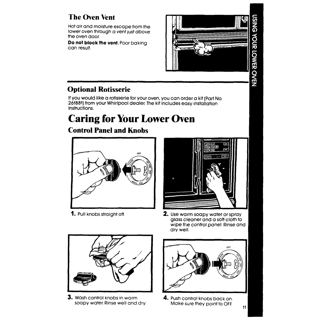 Whirlpool RM278BXS manual Caring for Your Lower Oven, Oven Vent, Optional Rotisserie, Control Panel and Knobs 