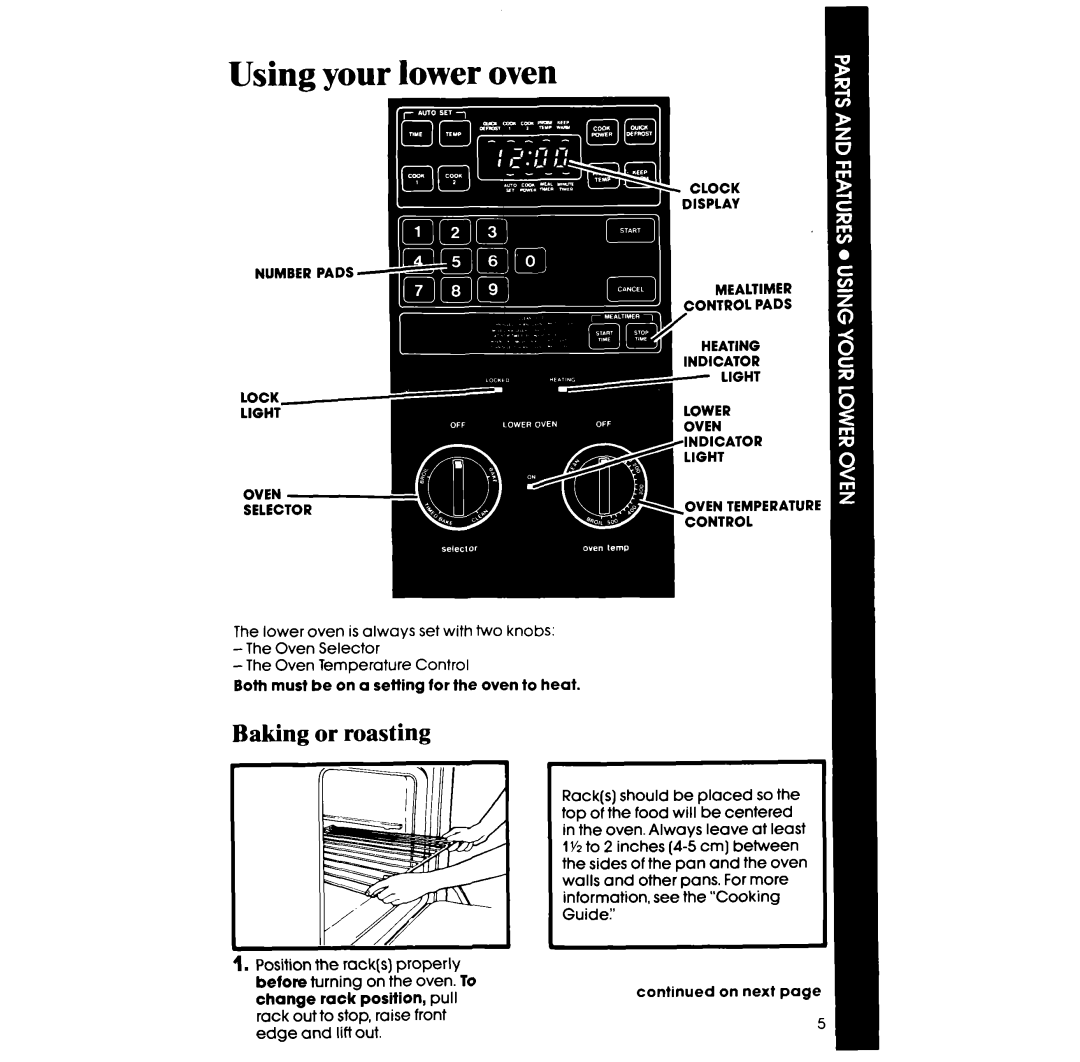 Whirlpool RM278BXS manual Using your lower oven, Baking or roasting 