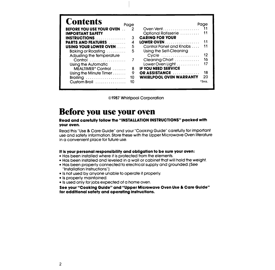 Whirlpool RM278BXS manual Contents, Before you use your oven 
