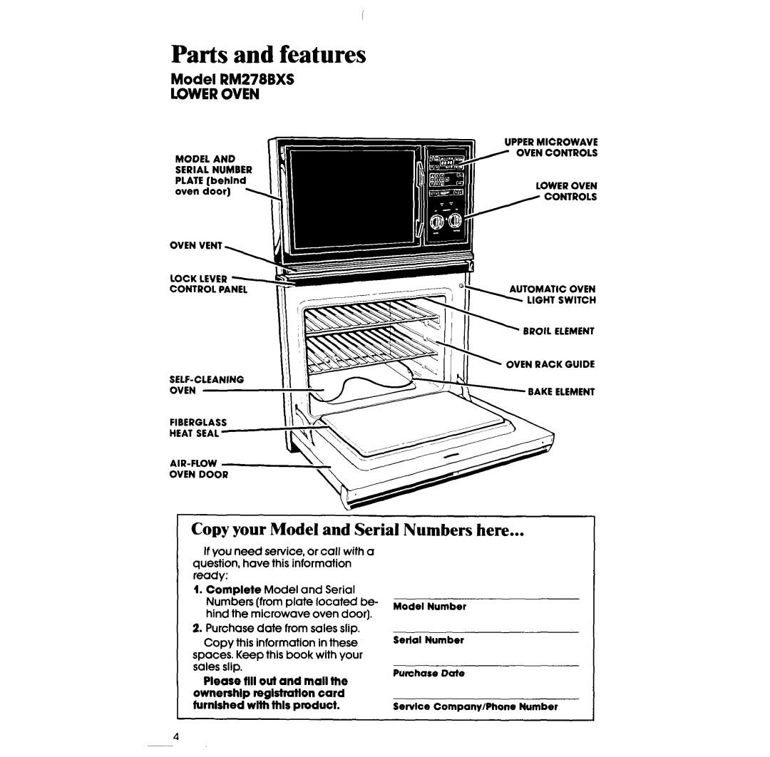 Whirlpool manual Parts and features, Copy your Model and Serial Numbers here, Model RM278BXS LOWER OVEN 