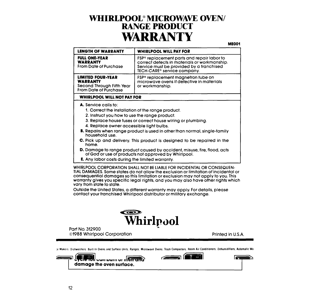 Whirlpool RM278BXV manual Whirlp001 