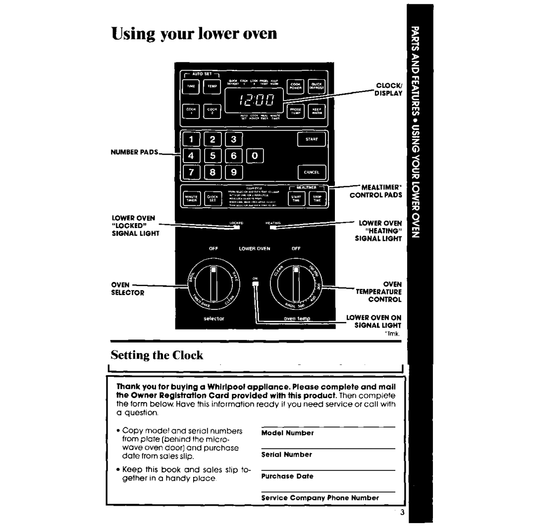 Whirlpool RM278BXV manual Using your lower oven, Setting the Clock, Using the Minute Timer, Using the Lower Oven 