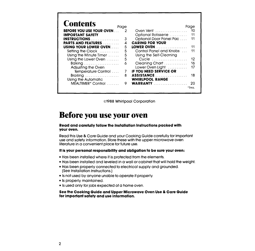 Whirlpool RM278BXV manual Before you use your oven, Contents 
