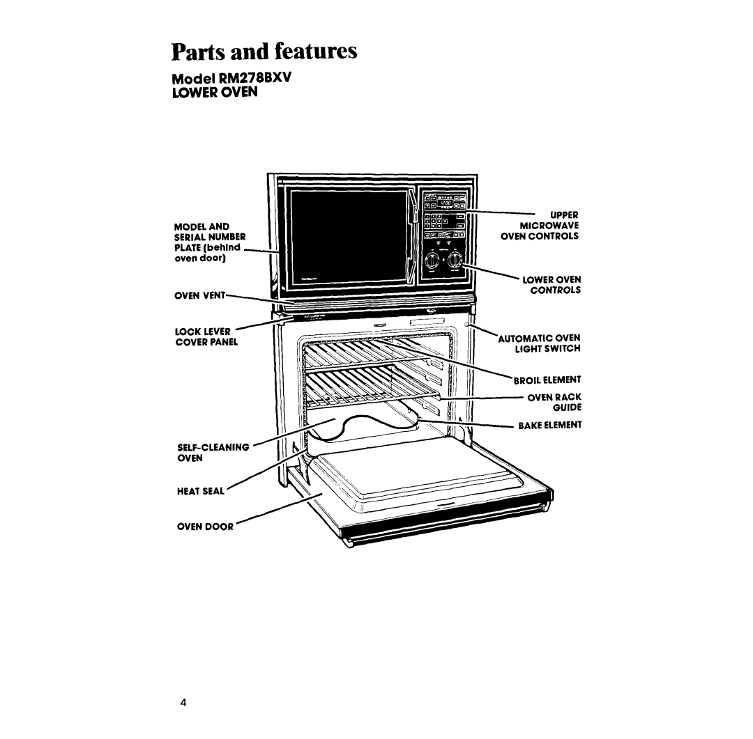 Whirlpool manual Parts and features, Model RM278BXV LOWER OVEN, Microwave Oven Controls 