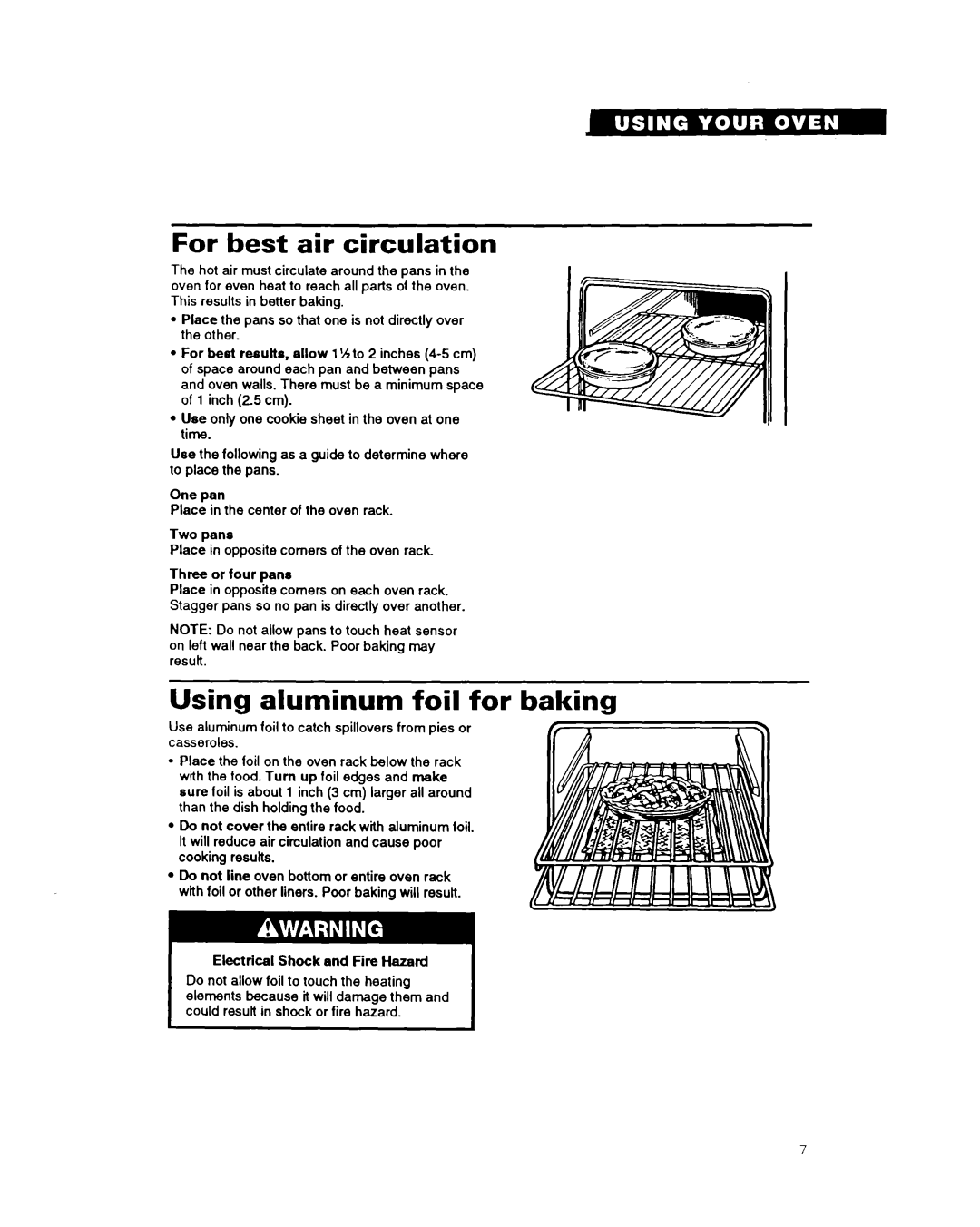 Whirlpool RM280PXA warranty For best air circulation, Using aluminum foil for baking 