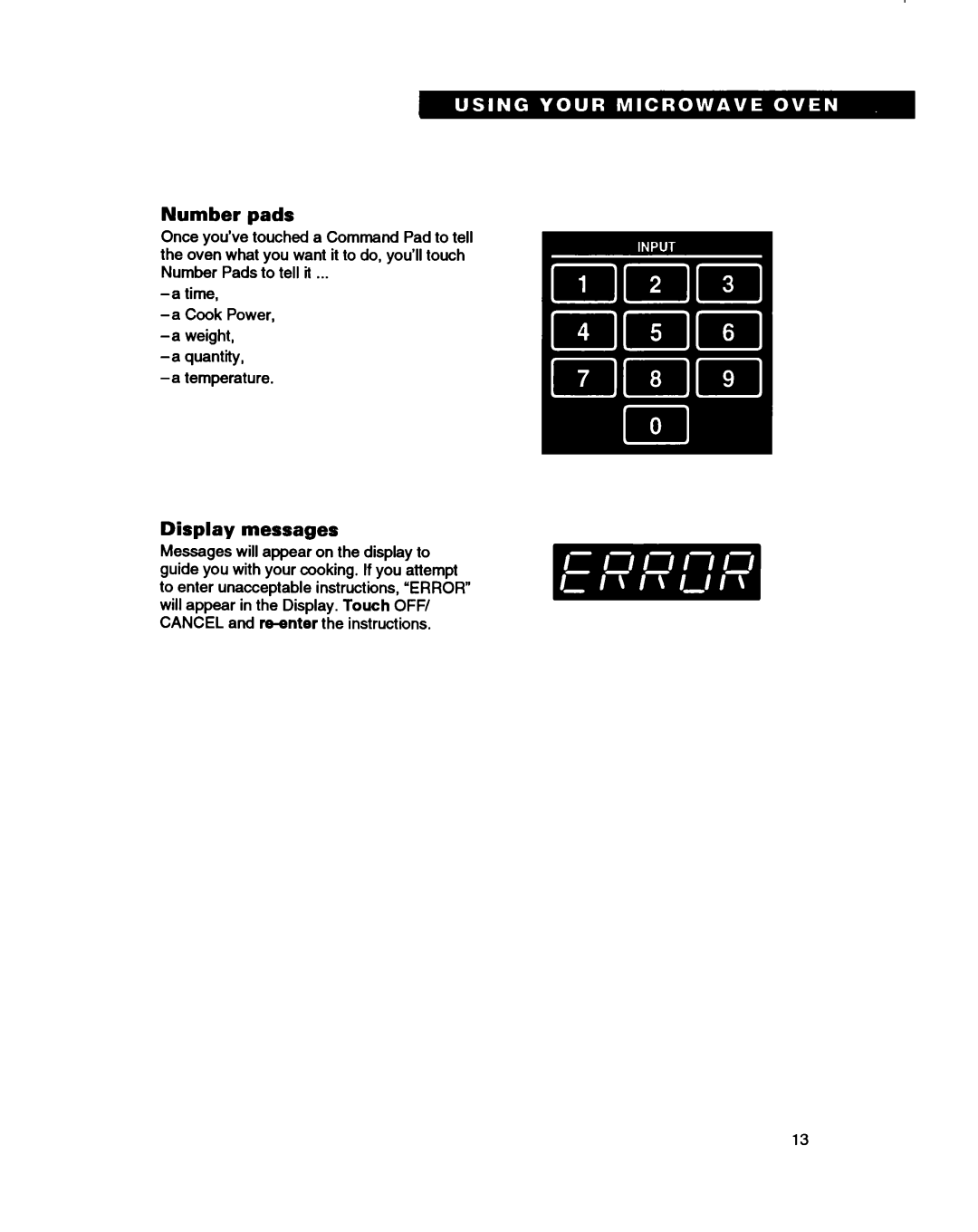 Whirlpool RM280PXB warranty Number pads, Display messages 