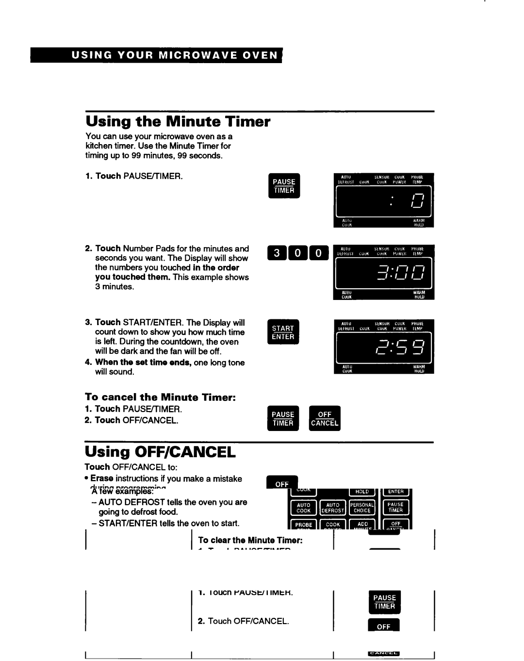 Whirlpool RM280PXB warranty Using the Minute Timer, Using OFF/CANCEL, To cancel the Minute Timer, Touch OFF/CANCEL 