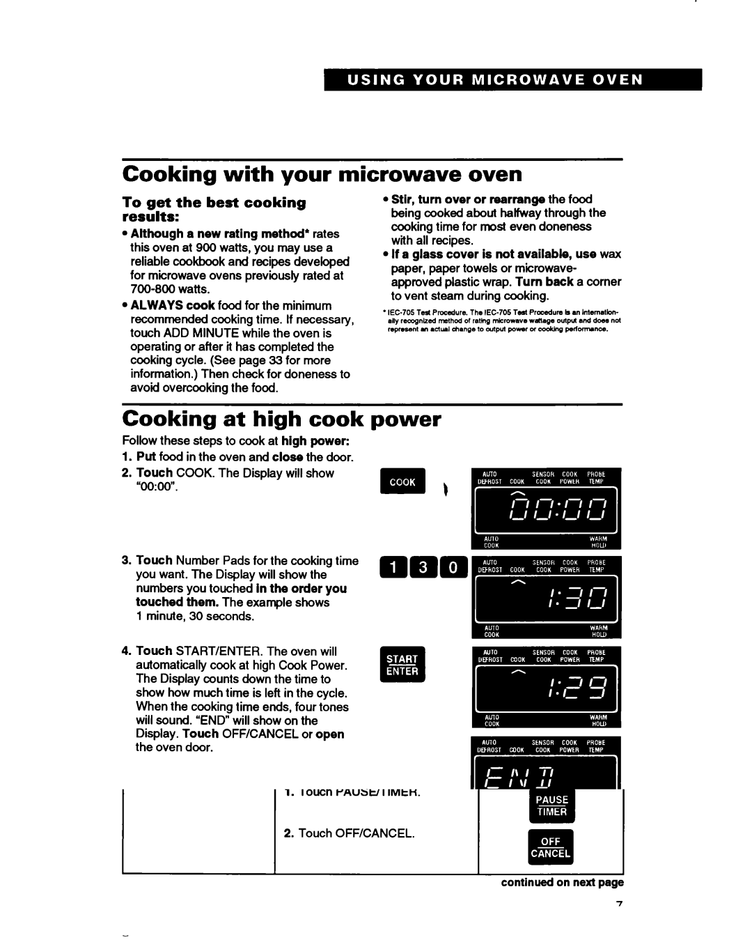 Whirlpool RM280PXB warranty Cooking with your microwave oven, Cooking at high cook power, ~~+gltlt t he best coo king 