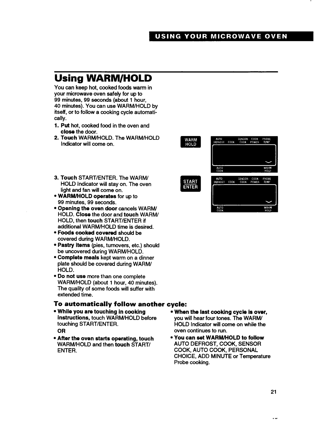 Whirlpool RM280PXB warranty Using WARM/HOLD, To automatically follow another, Cycle, You can set WARM/HOLD to follow 