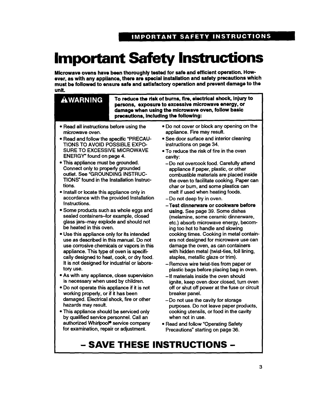 Whirlpool RM280PXB warranty Important Safety Instructions 