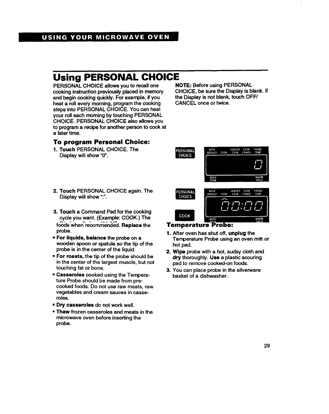 Whirlpool RM280PXB warranty Using Personal Choice, To program Personal Choice, To use Personal Choice 