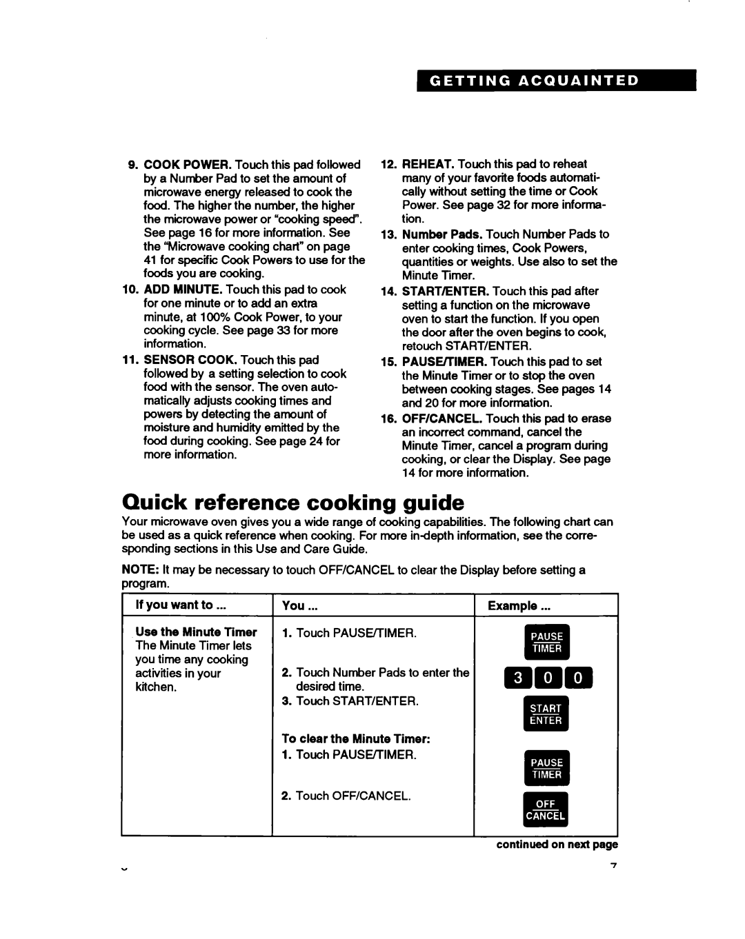 Whirlpool RM280PXB Quick reference cooking guide, If you want to Use the Minute Timer, You, To clear the Minute Timer 