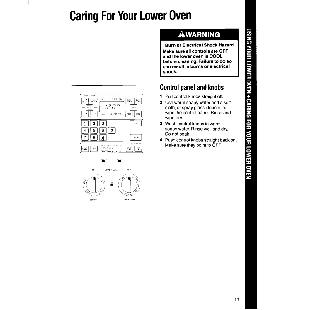 Whirlpool RM286PXV manual CaringForYourLowerOven, Controlpanelandknobs 