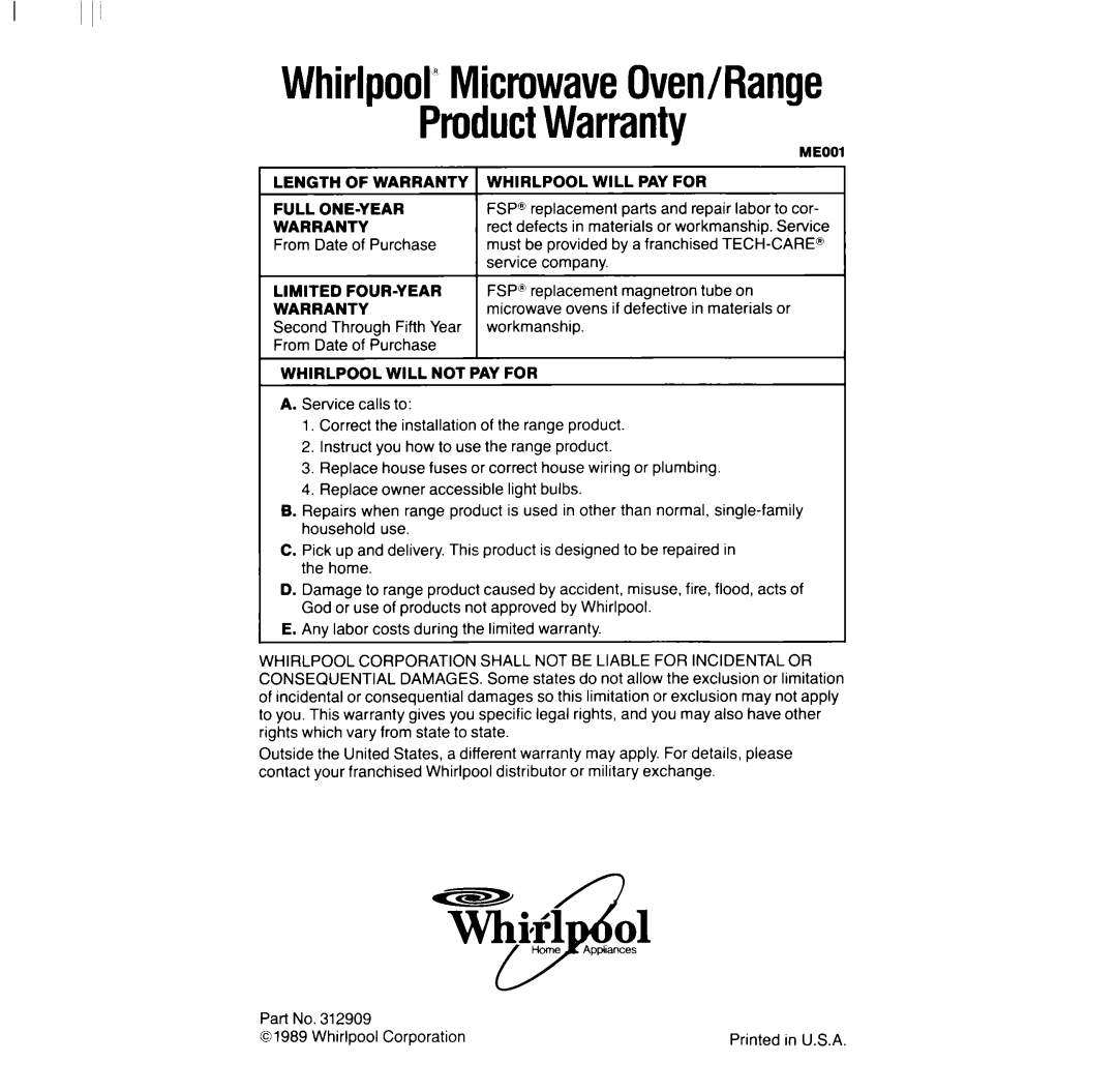 Whirlpool RM286PXV manual WhirlpoolsI\ricrowaveOven/Range PtllluctWarranty, Length of Warranty, Whirlpool will PAY for 