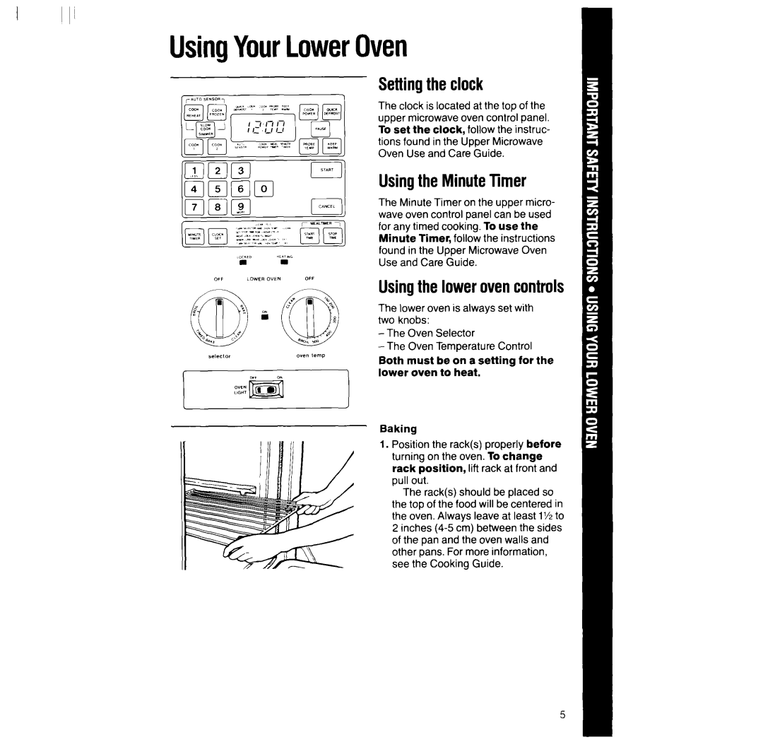 Whirlpool RM286PXV manual UsingYourLowerOven, Settingtheclock, UsingtheMinuteTimer, Usingthelowerovencontrols 