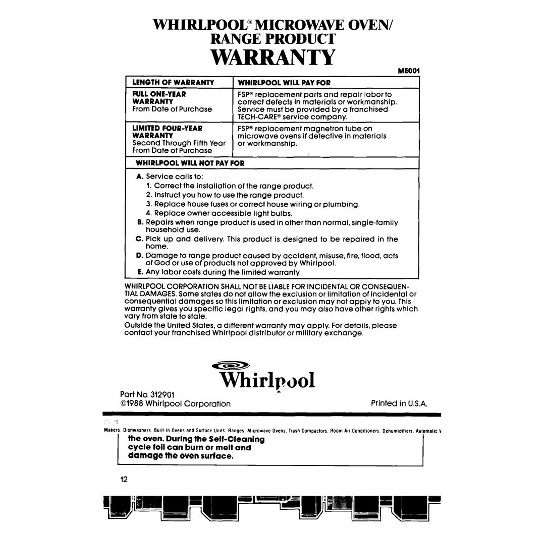 Whirlpool RM288PW manual WHIRLPOOL@MICROWA~ Oven Range Product, Part No.312901 