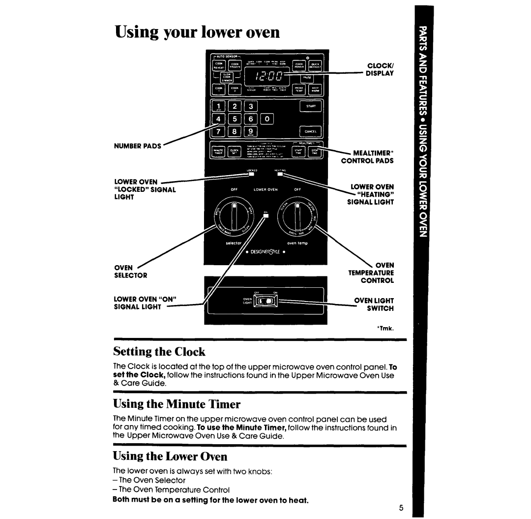 Whirlpool RM288PW manual Using your lower oven, Setting the Clock, Using the Minute Tier, Using the Lower Oven 