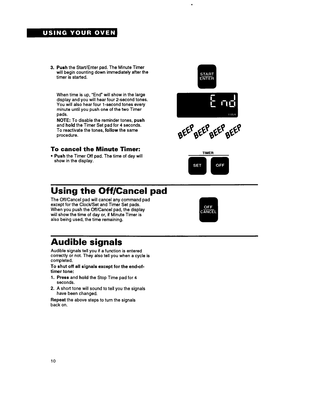 Whirlpool RM770PXA, RM765PXA warranty Using the Off/Cancel pad, Audible signals, To cancel the Minute Timer 