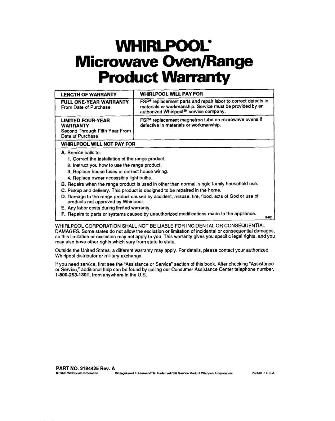 Whirlpool RM770PXA, RM765PXA warranty Length Warranty, PAY for, ONE-YEAR Warranty, Four-Year 