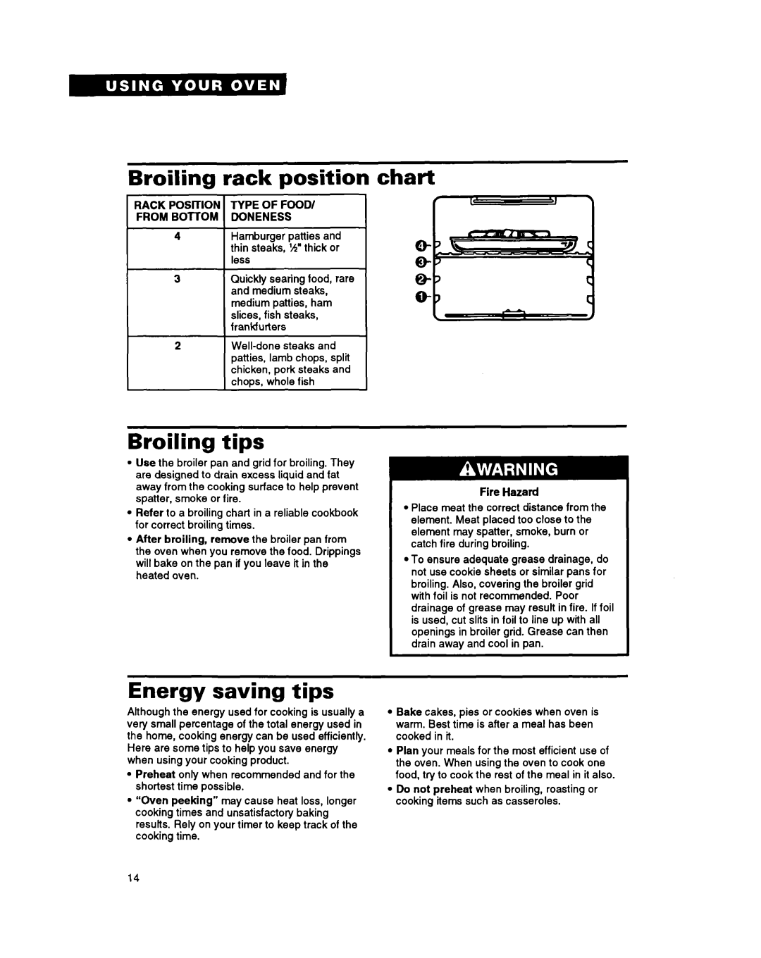 Whirlpool RM770PXA, RM765PXA warranty Broiling rack position chart, Broiling tips, Energy saving tips 
