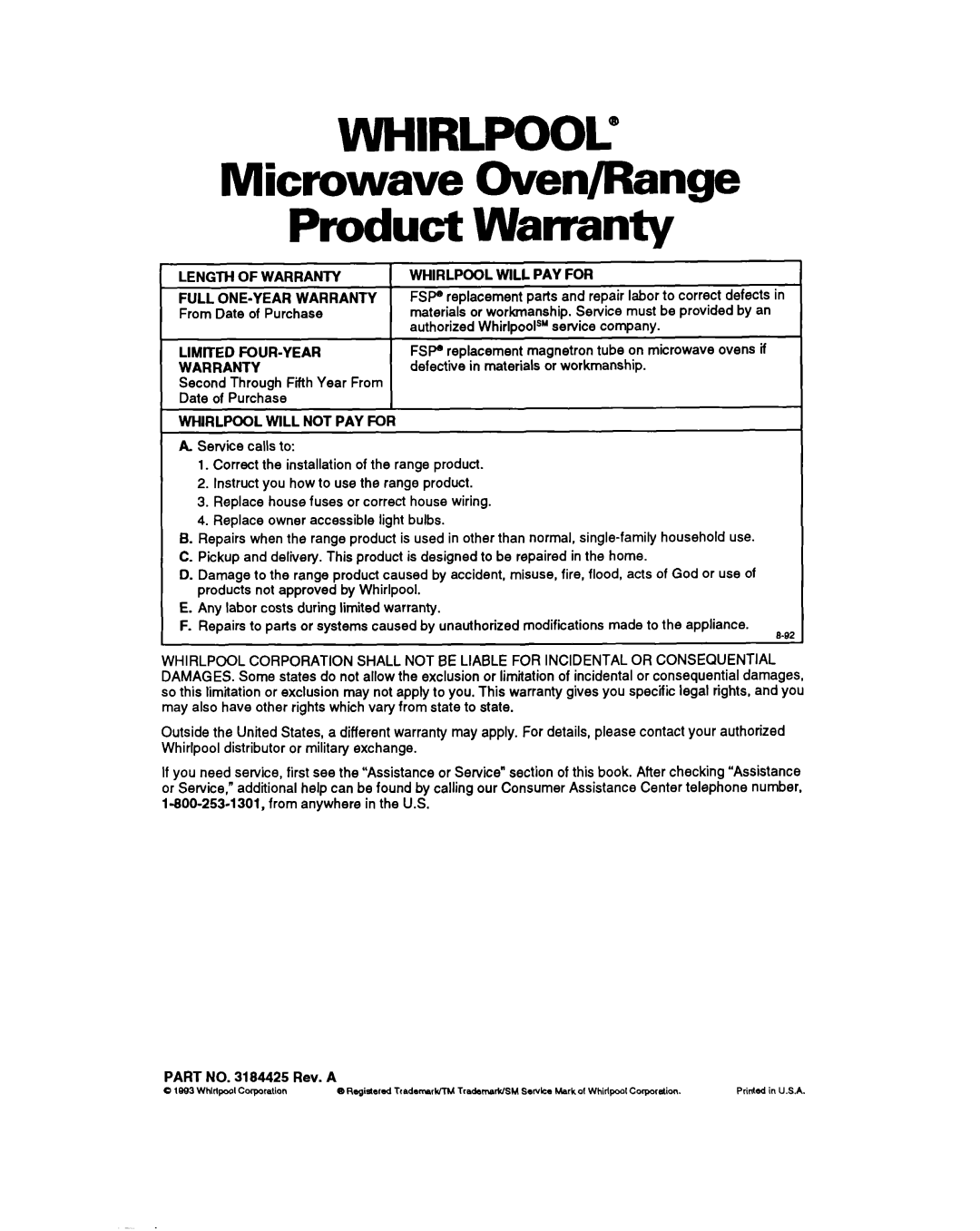 Whirlpool RM770PXA, RM765PXA warranty Whirlpool”, Product Warranty, Microwave Oven/Range 