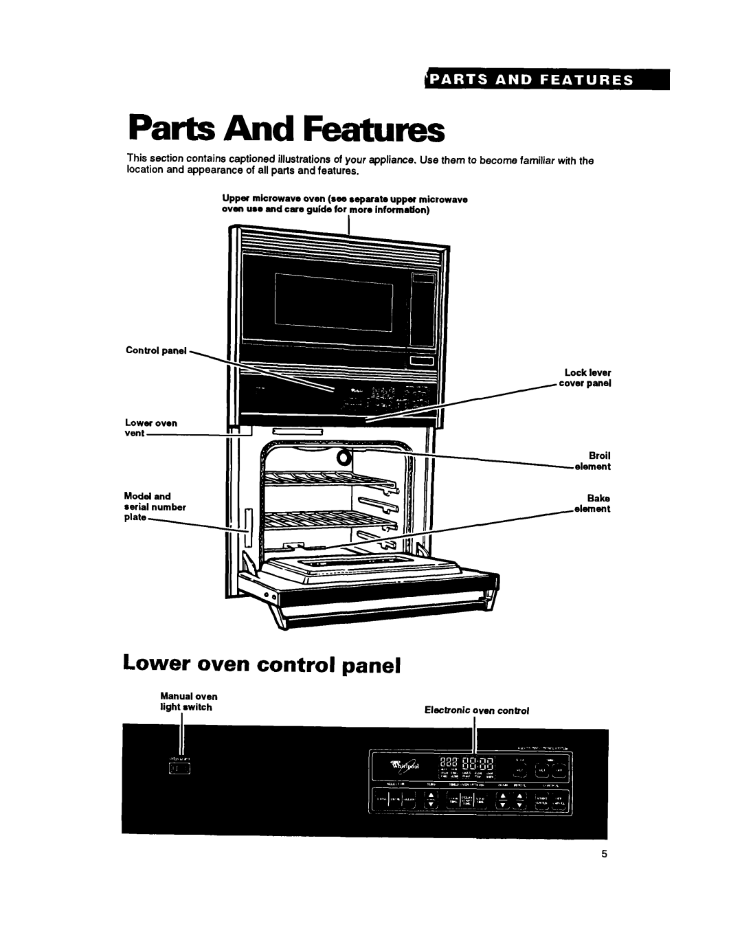 Whirlpool RM765PXA, RM770PXA warranty Parts And Features, Lower oven control panel 