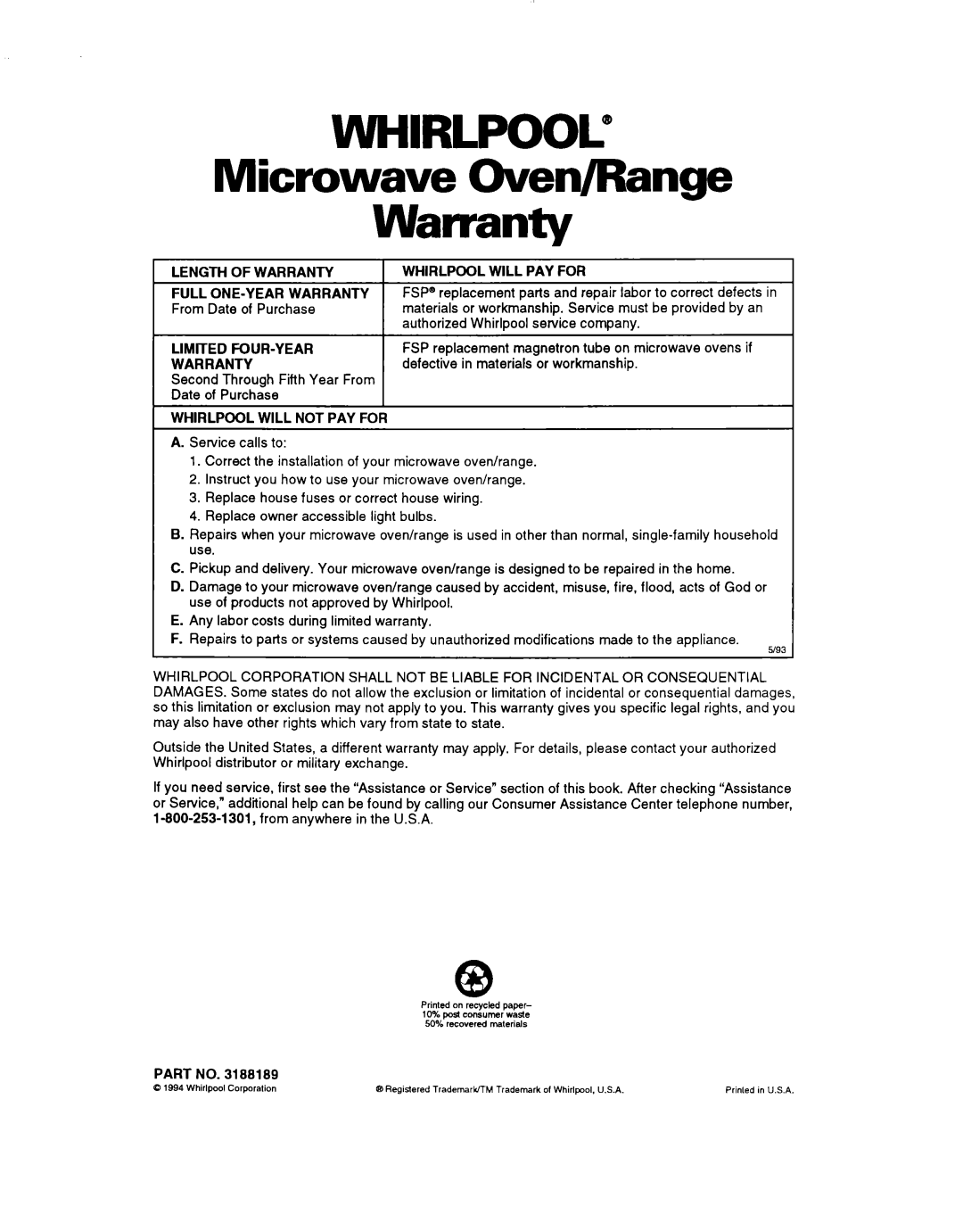 Whirlpool RM765PXB, RM770PXB warranty WHIRLPOOL@ Microwave Oven/Range Warranty 