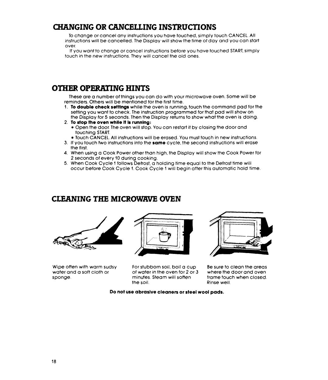 Whirlpool RM778PXT warranty Changing or Cancelling Instructions, Cleaning the Microwave Oven 