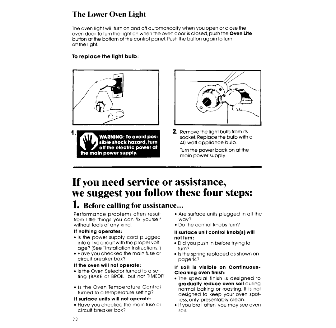 Whirlpool RM955PXP manual Lower Oven Light, Before calling for assistance, Soii 