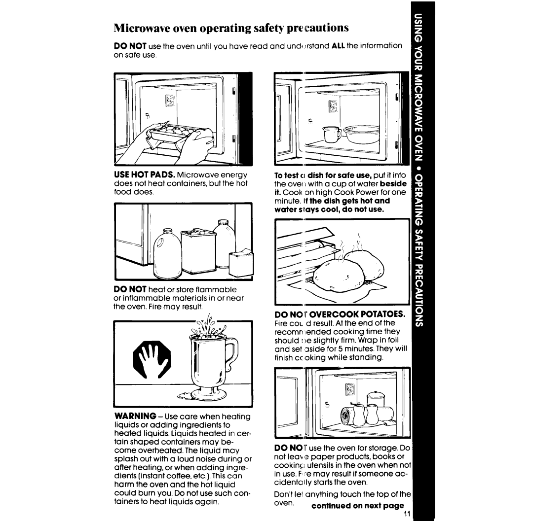 Whirlpool RM955PXP manual Mi crowave oven operating safety precautions, Do NOIr Overcook Potatoes 