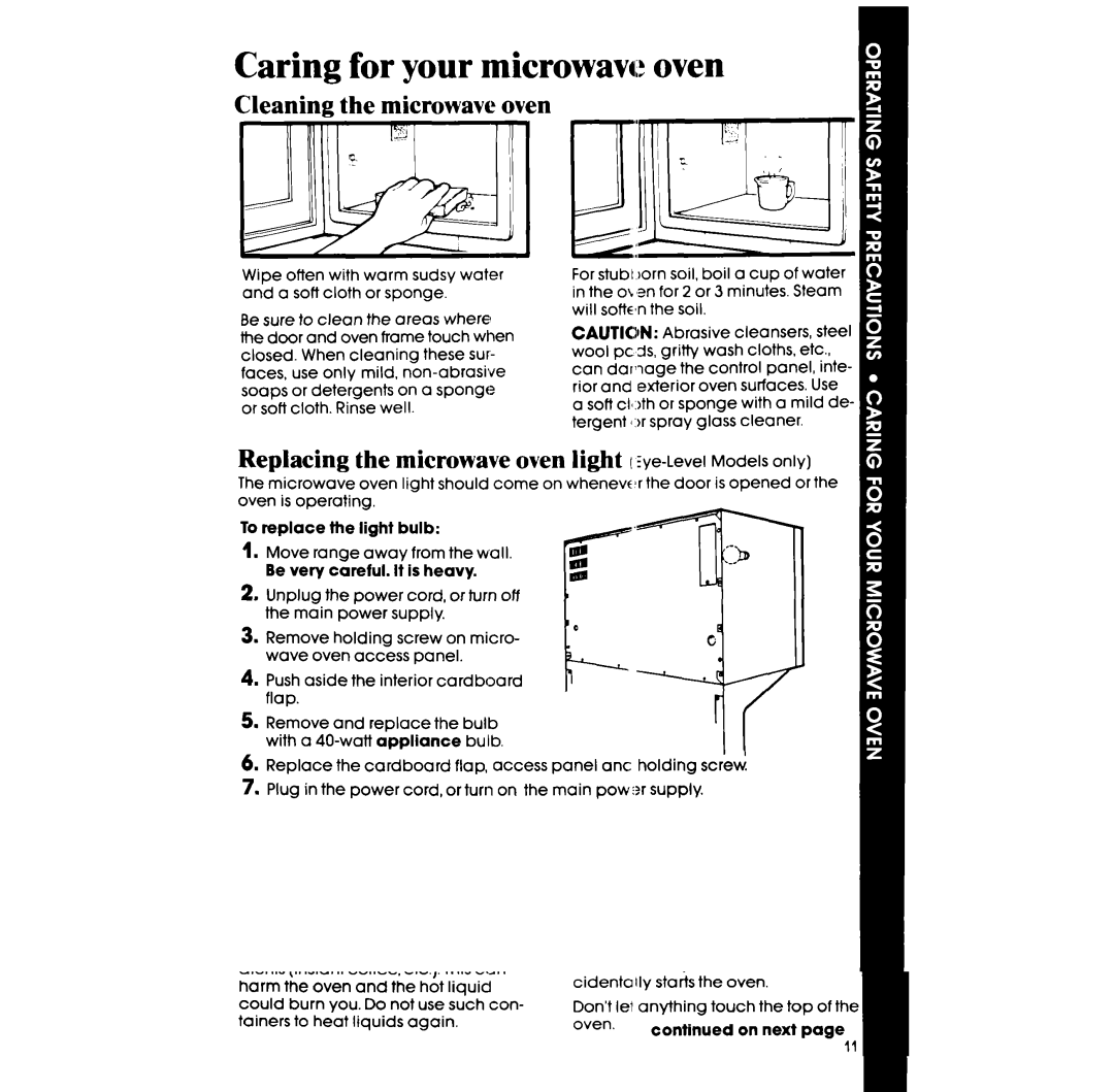 Whirlpool RM955PXP manual Caring for your microwave oven, Cleaning the microwave oven 