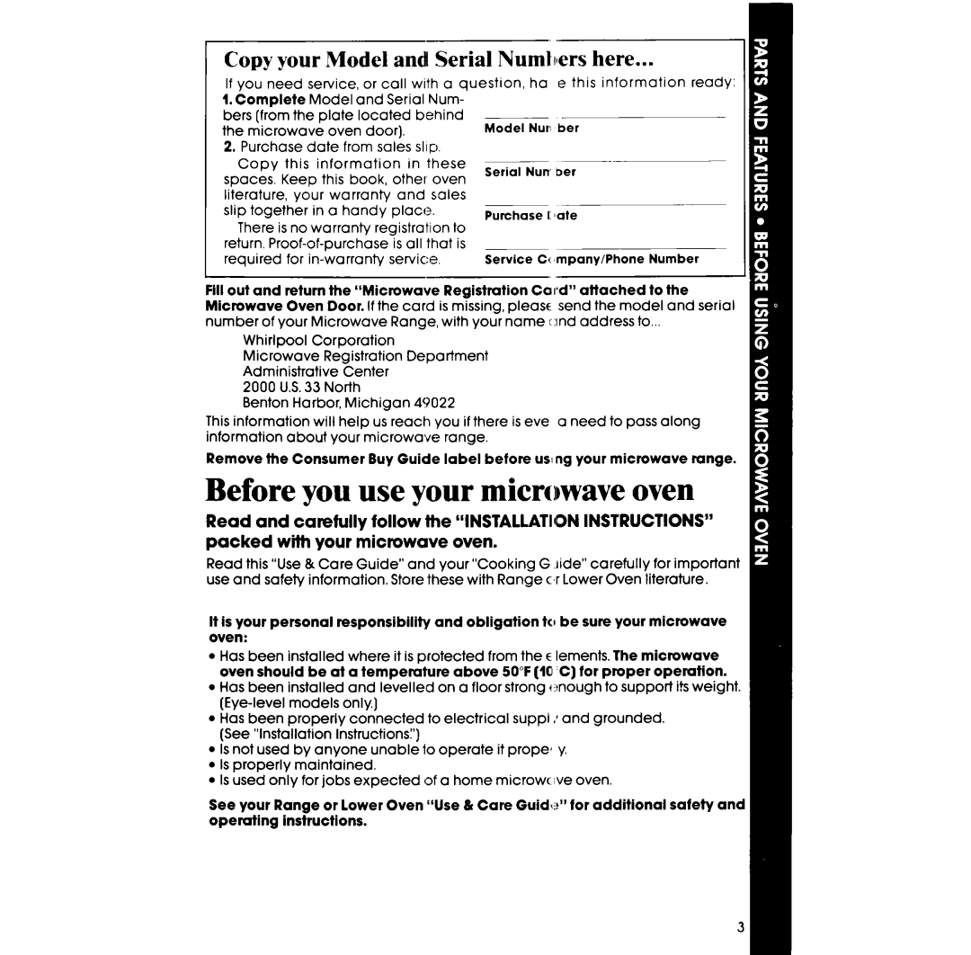 Whirlpool RM955PXP manual Before you use your microwave oven, Copy your Model and Serial Numiblers here 