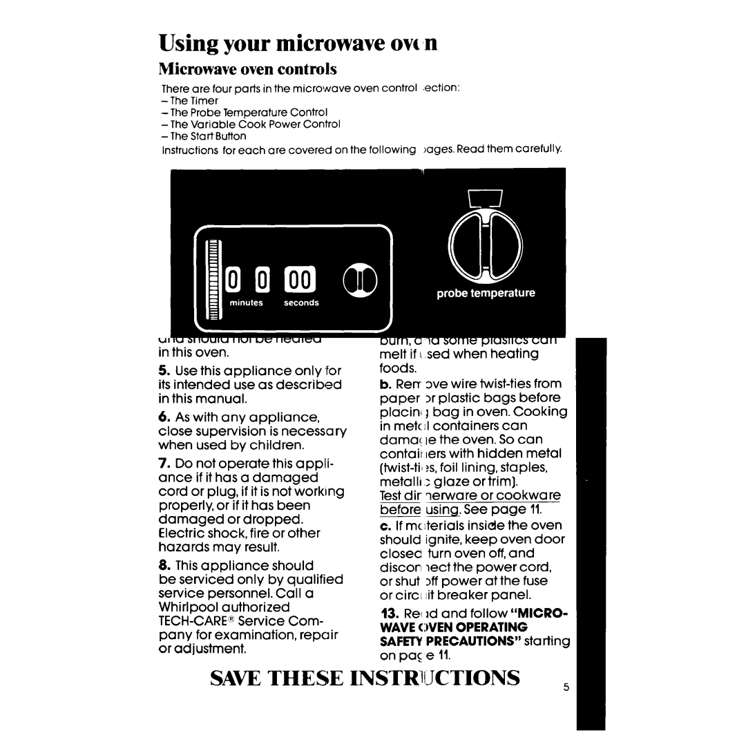 Whirlpool RM955PXP manual Using your microwave ovt~n, Microwave oven controls, Timer, Frobe Temperature Control 